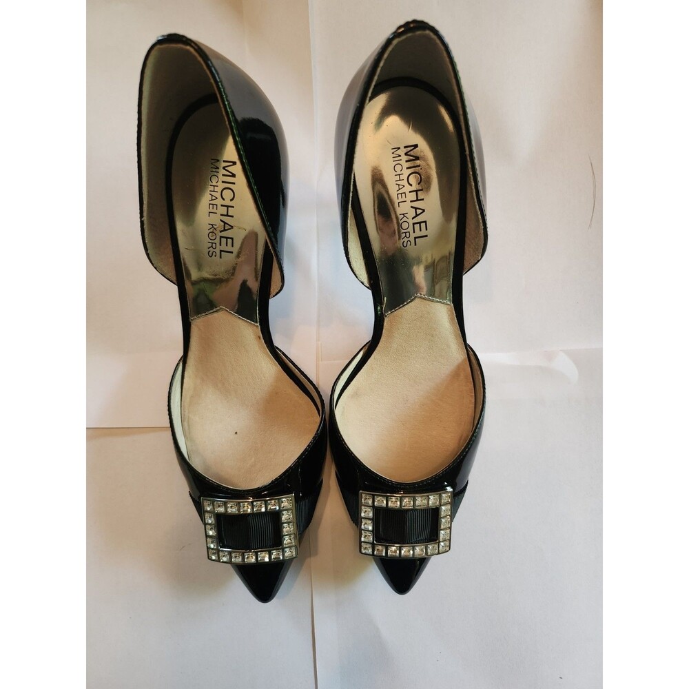 Michael Kors patent leather black D'Orsay stiletto heels pointed toe buckle